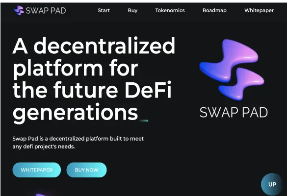 Picture of a website for a crypto project, when hover an animation turns the picture blue displaying the text: Crypto - Swappad.net, Crypto - Swappad.net